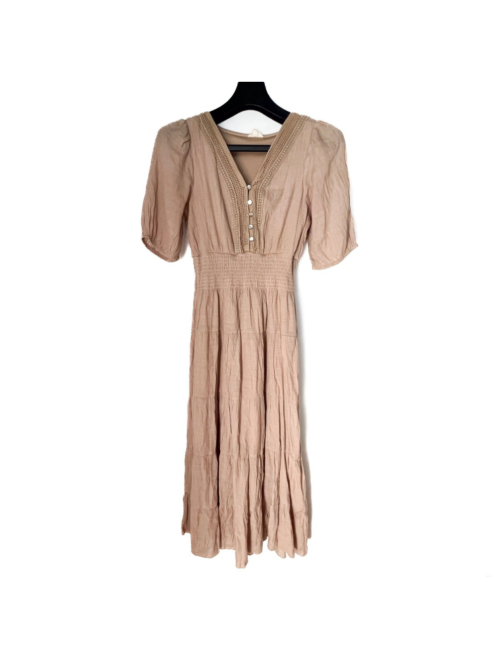 Kings Road Tan Maxi Dress Sz M Boho Tiered Cottagecore Romantic Ren Fest Peasant